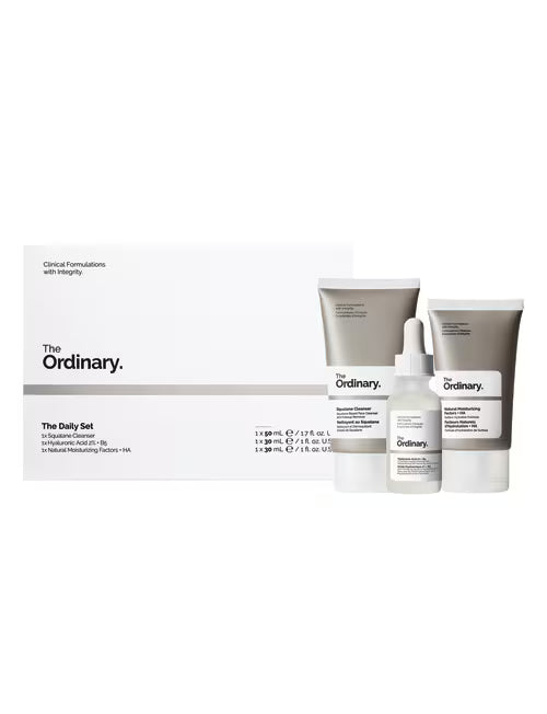 The Ordinary skincare product set with packaging on a white background